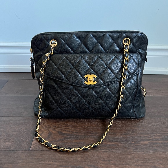 CHANEL Classic Large Black Caviar Leather GHW Shoulder Tote Bag with Front Flap - Picture 2 of 12